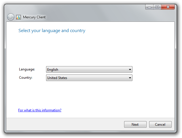 Mercury Client language and country selection.