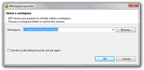 Selecting the default ADT workspace folder.